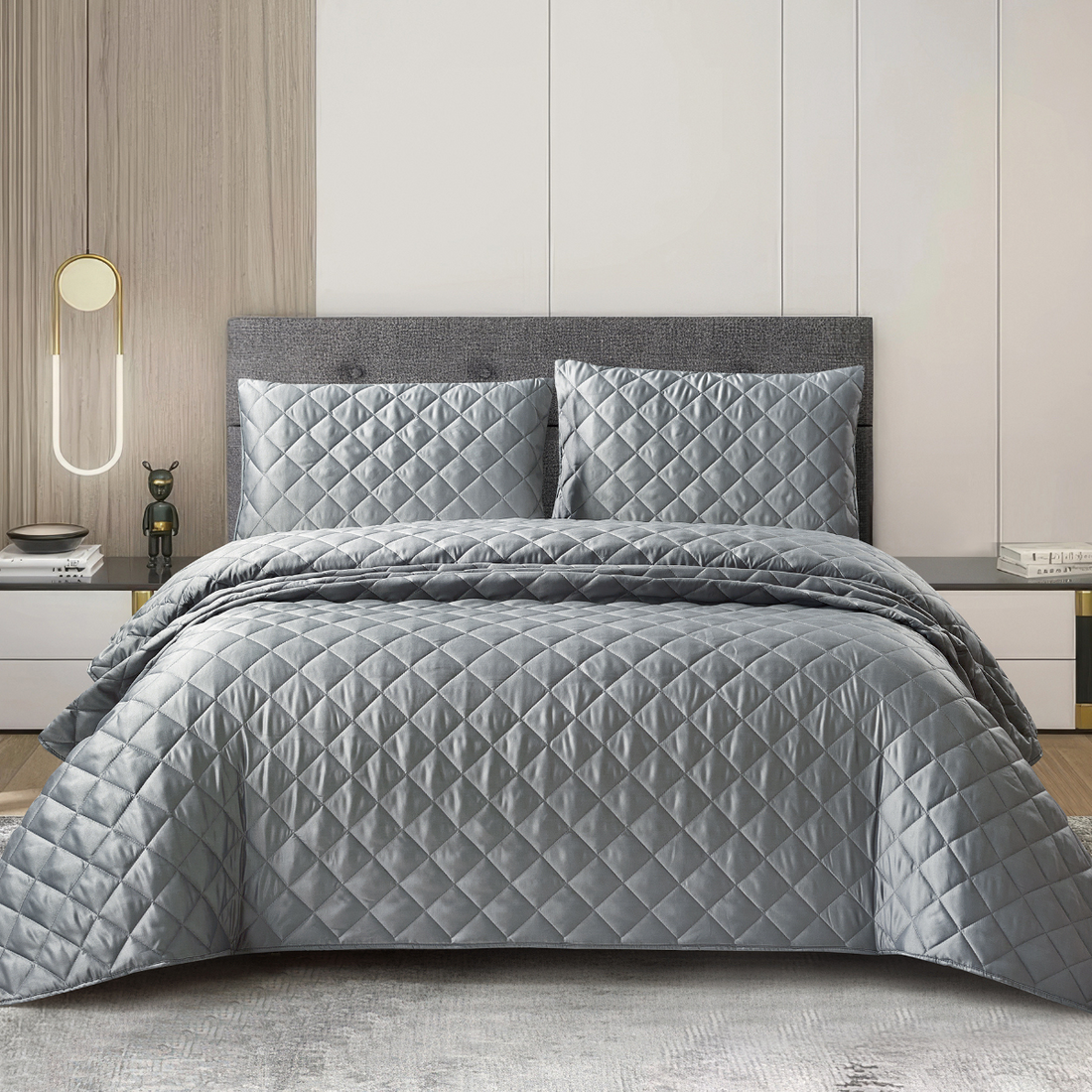 3 Piece Silk Bedspread Set – Silver