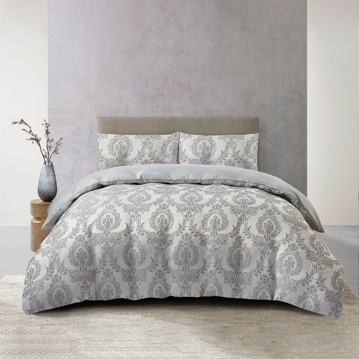 Jacquard 3 Pcs Quilt Cover Set Design – Damask Gray