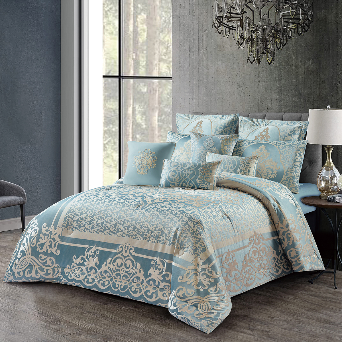 10 Pcs Luxury Bedding Gift Set – Teal Blue Damask