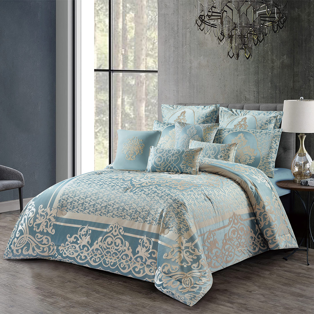 10 Pcs Luxury Bedding Gift Set – Teal Blue Damask