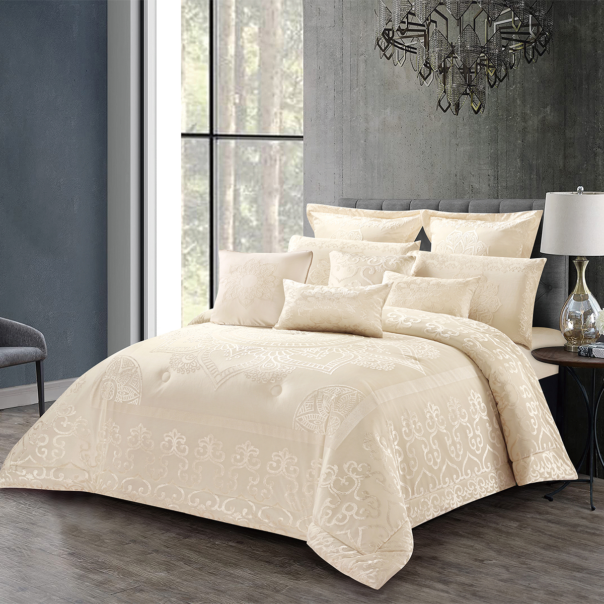 10 Pcs Luxury Bedding Gift Set – Light Beige Damask