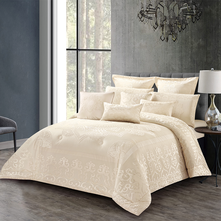 10 Pcs Luxury Bedding Gift Set – Light Beige Damask