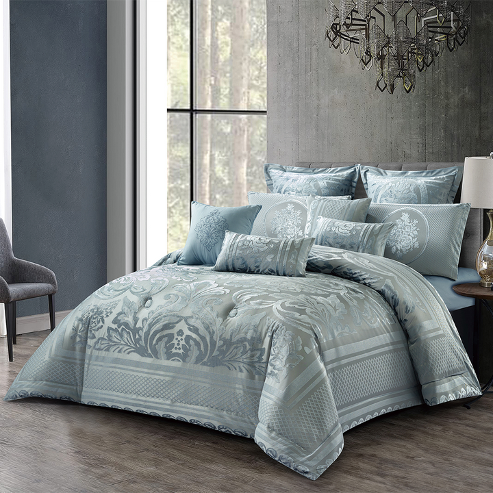 10 Pcs Luxury Bedding Gift Set – Damask Silver Blue