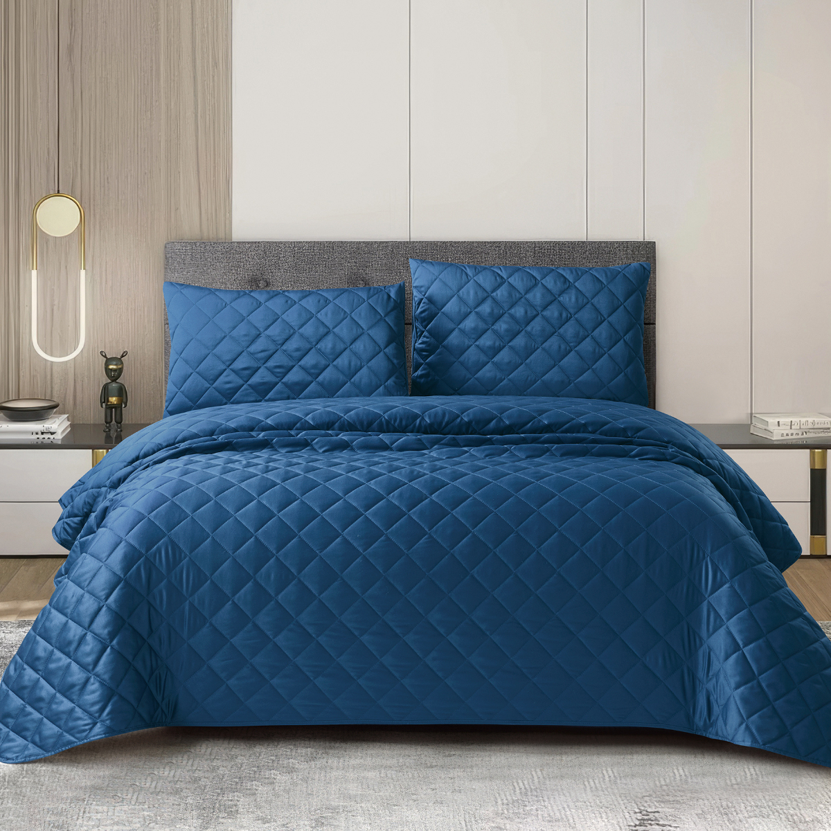 3 Piece Silk Bedspread Set – Navy Blue