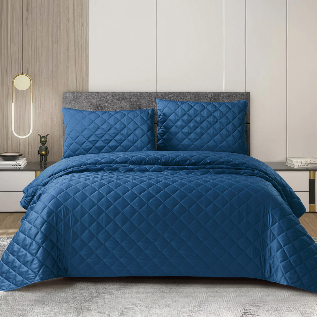 3 Piece Silk Bedspread Set – Navy Blue