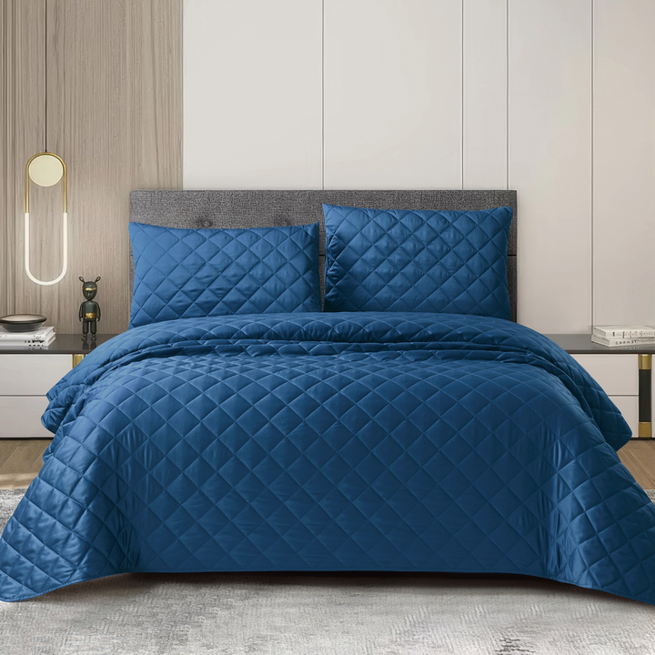 3 Piece Silk Bedspread Set – Navy Blue