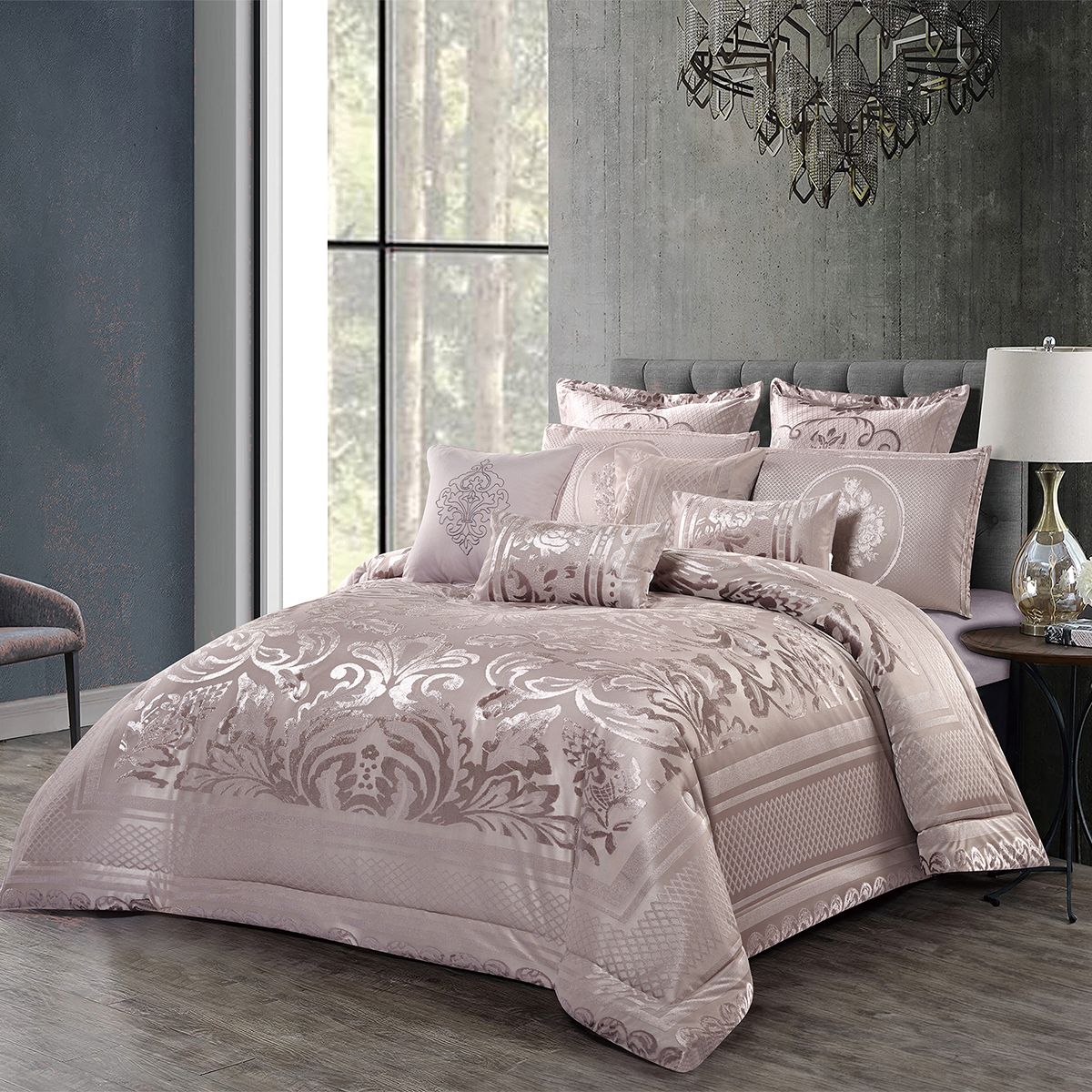 10 Pcs Luxury Bedding Gift Set – Dusty Pink Damask