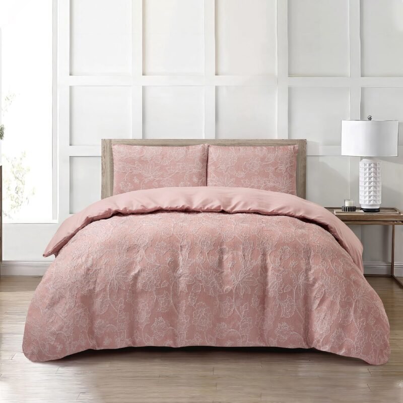 Jacquard 3 Pcs Quilt Cover Set Design – Foliage Muted Pink