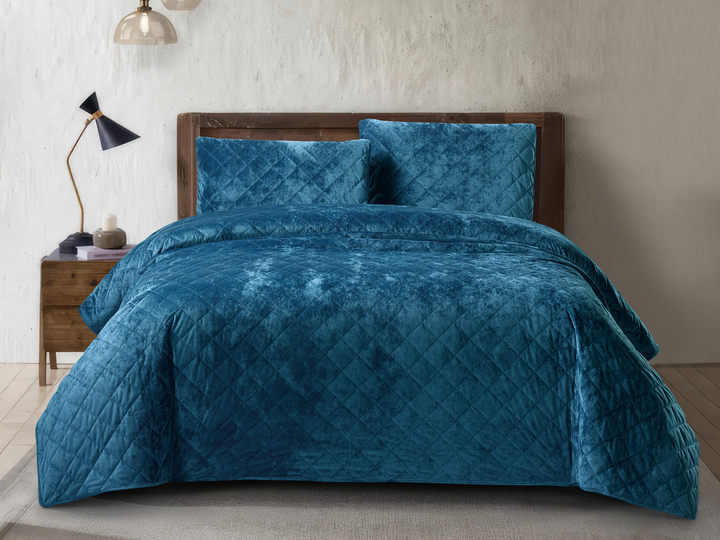 3 Piece Crushed Velvet Bedspread Set – Teal Blue