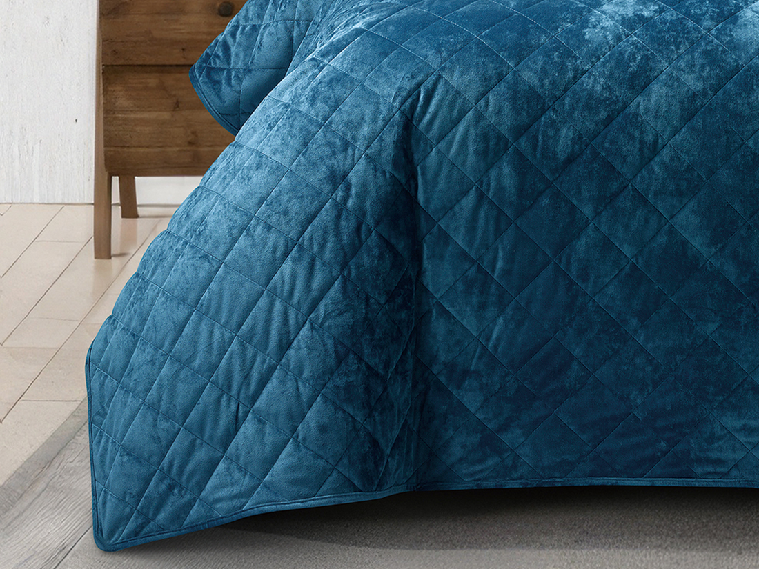 3 Piece Crushed Velvet Bedspread Set – Teal Blue
