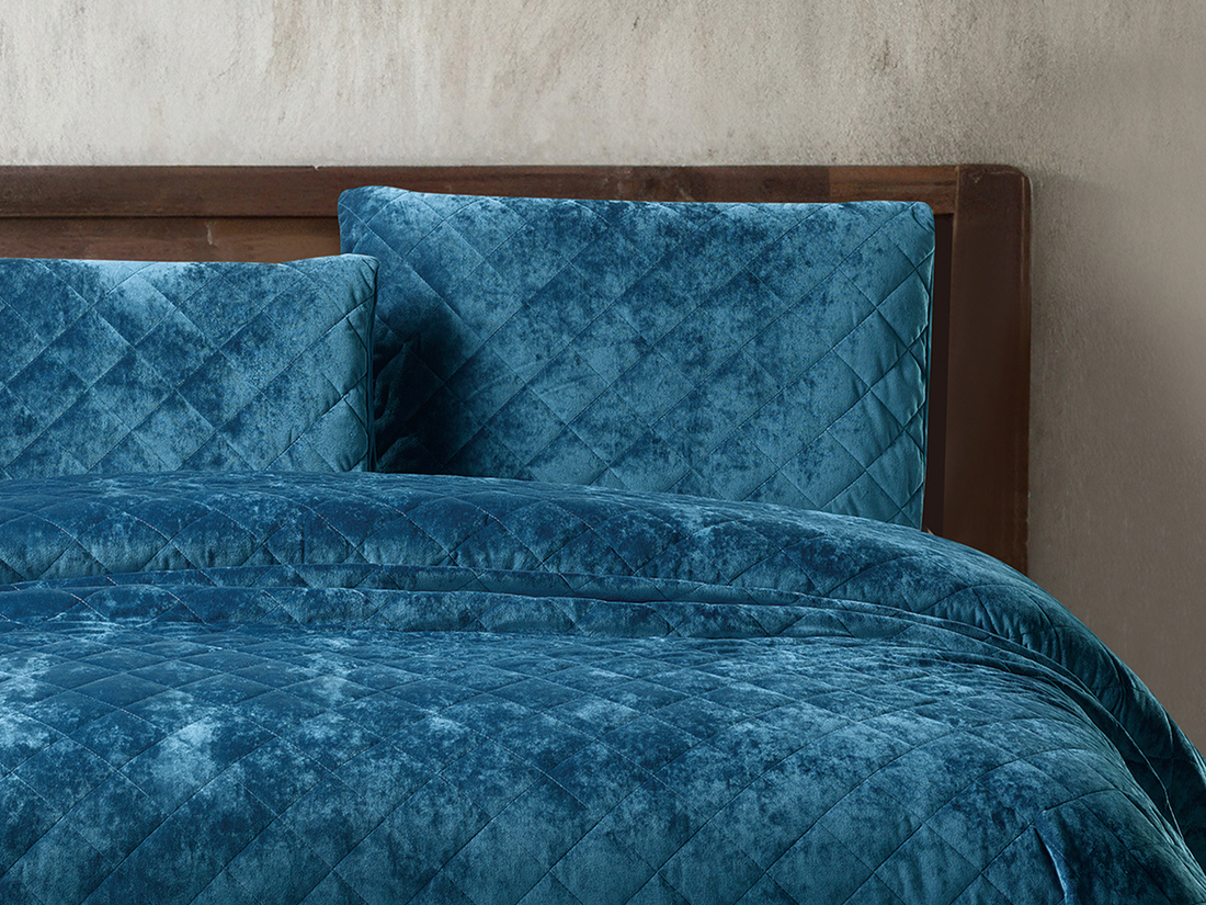 3 Piece Crushed Velvet Bedspread Set – Teal Blue