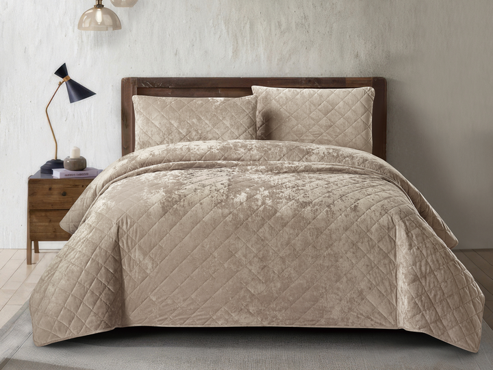 3 Piece Crushed Velvet Bedspread Set – Tan