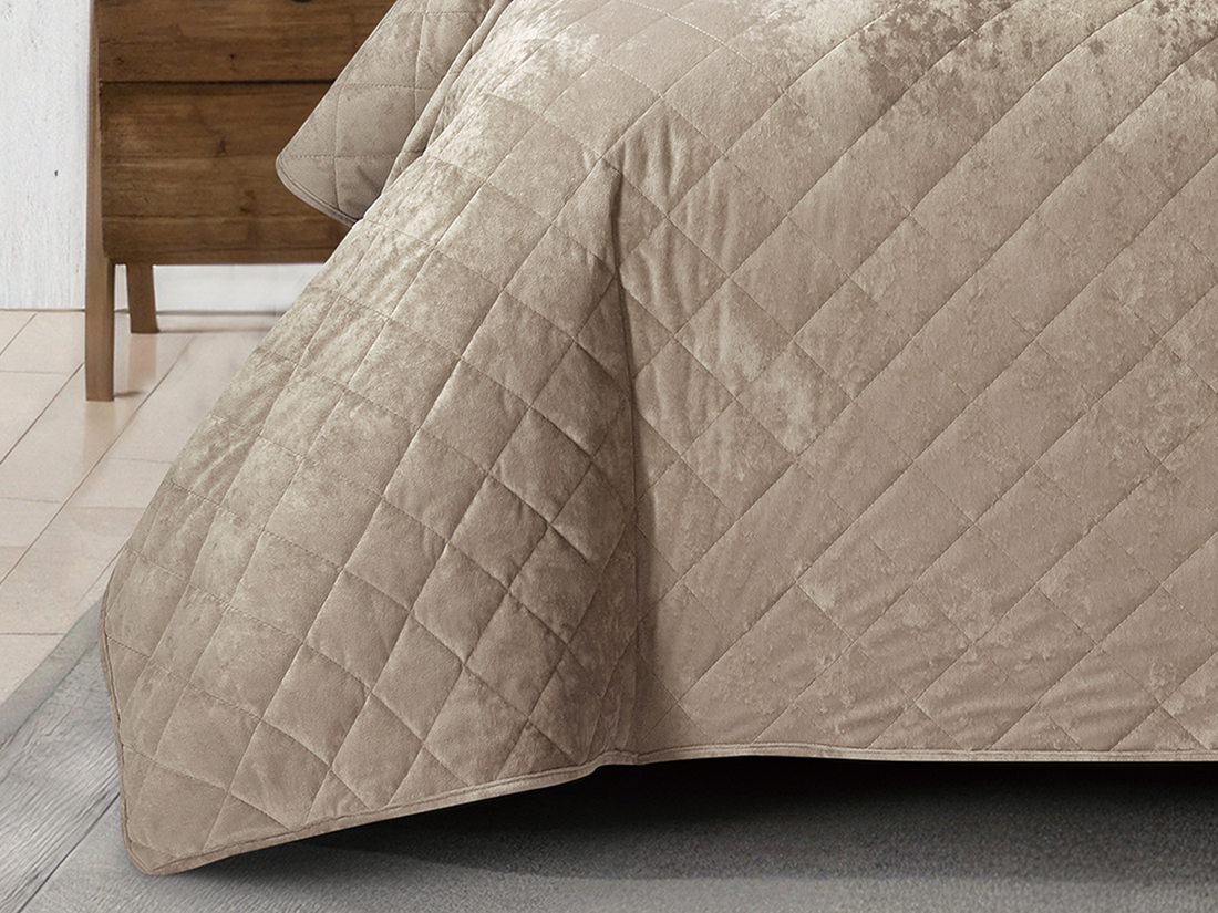 3 Piece Crushed Velvet Bedspread Set – Tan