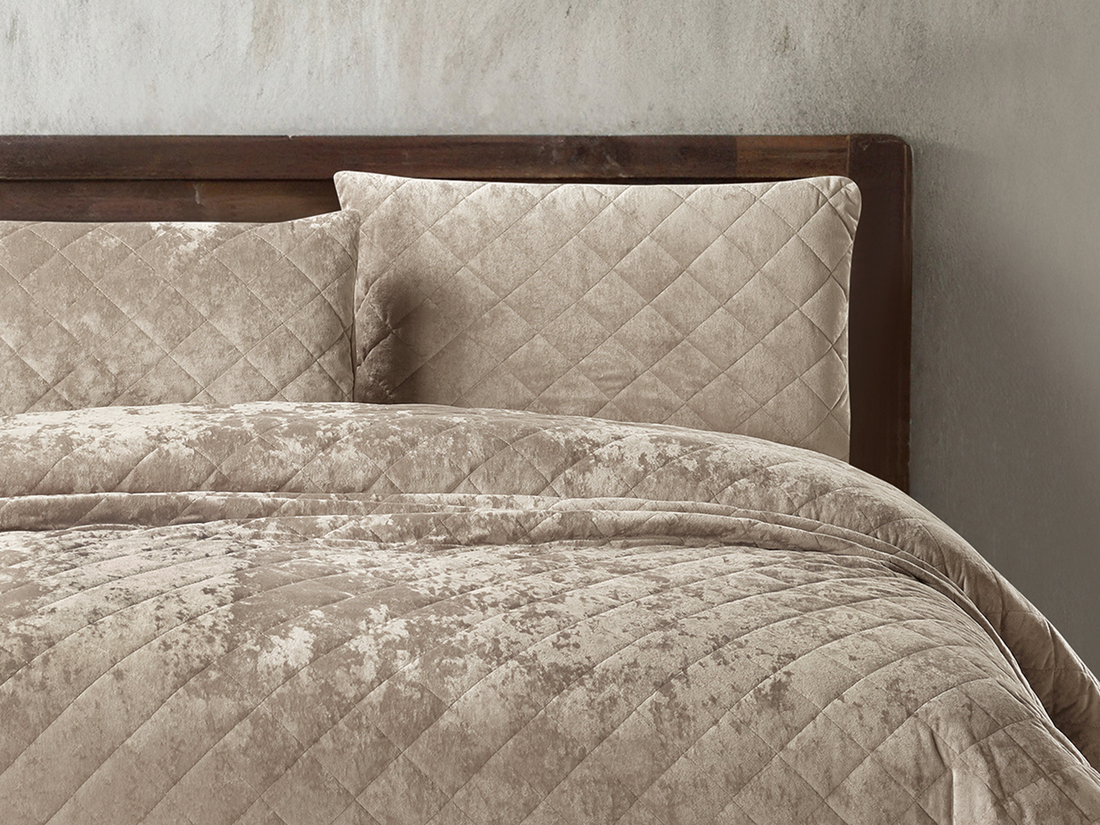 3 Piece Crushed Velvet Bedspread Set – Tan