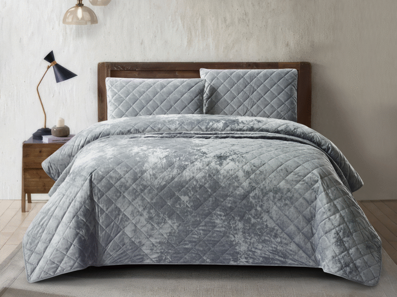 3 Piece Crushed Velvet Bedspread Set – Grey
