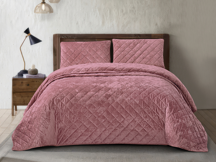 3 Piece Crushed Velvet Bedspread Set – Dusty Pink