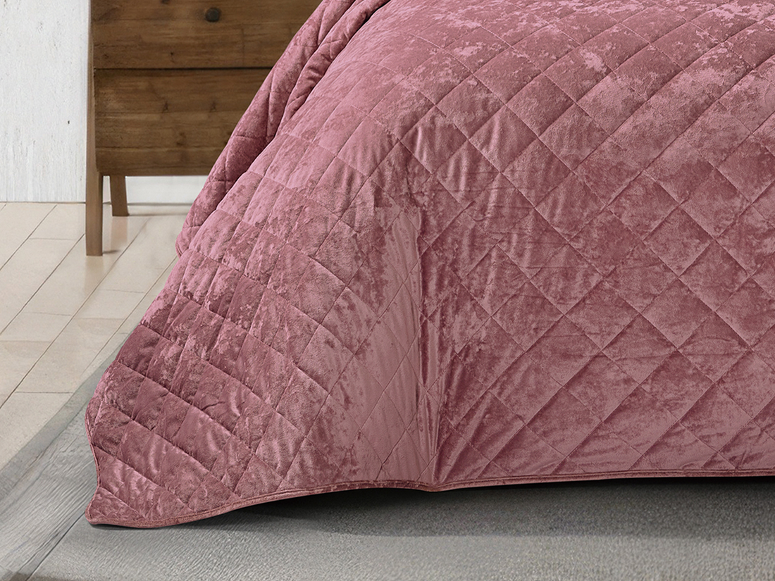 3 Piece Crushed Velvet Bedspread Set – Dusty Pink