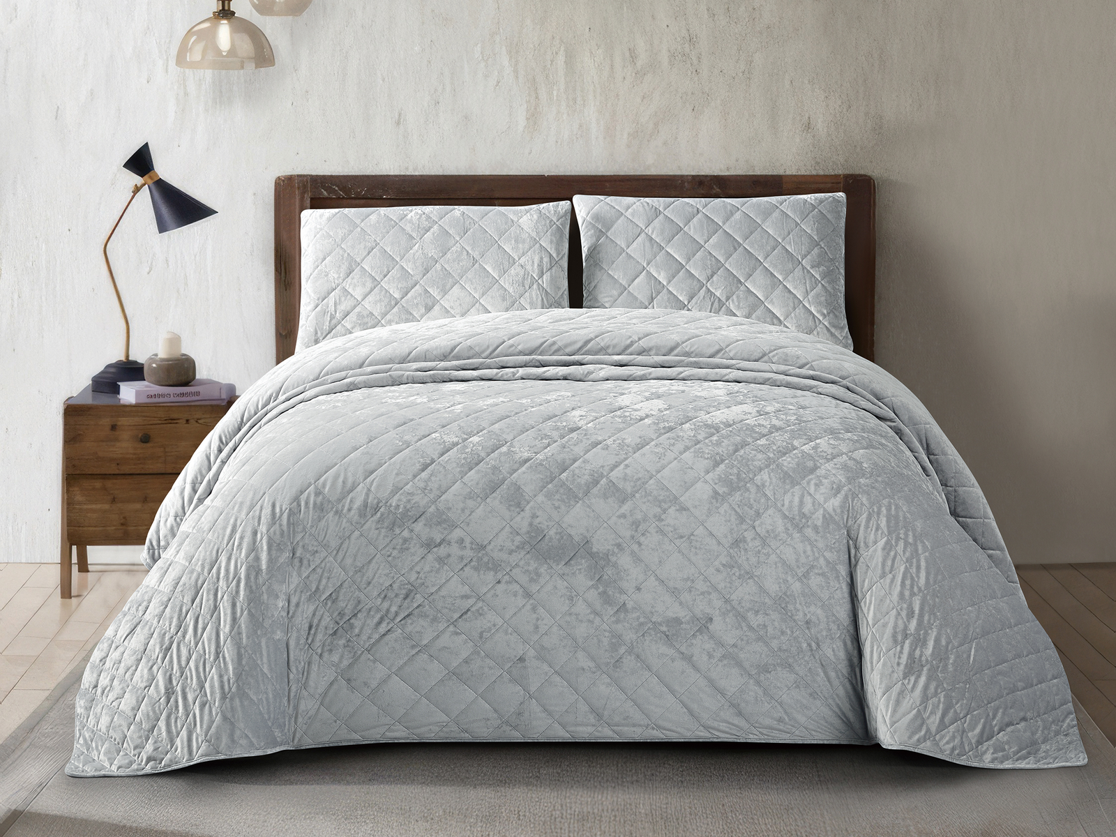 3 Piece Crushed Velvet Bedspread Set – Silver