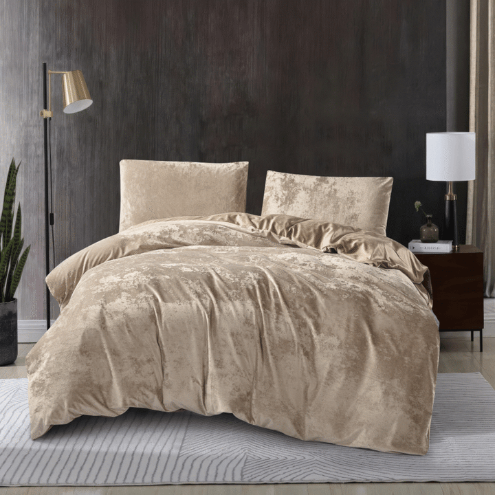 Crushed Velvet 3 Piece Quilt Cover Set – Gold Caramel