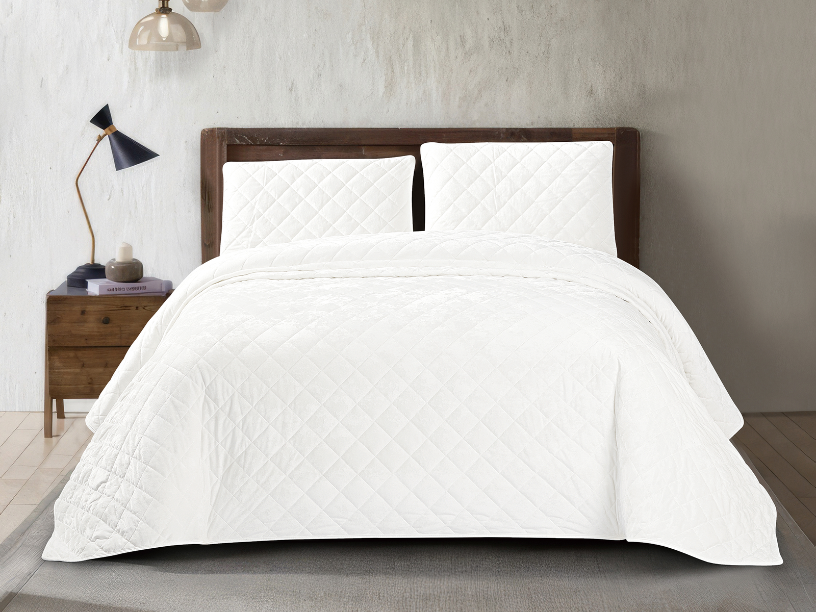 3 Piece Crushed Velvet Bedspread Set – White