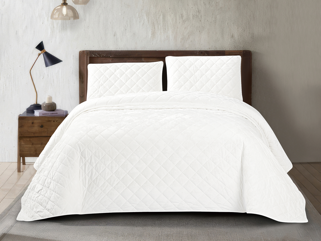 3 Piece Crushed Velvet Bedspread Set – White