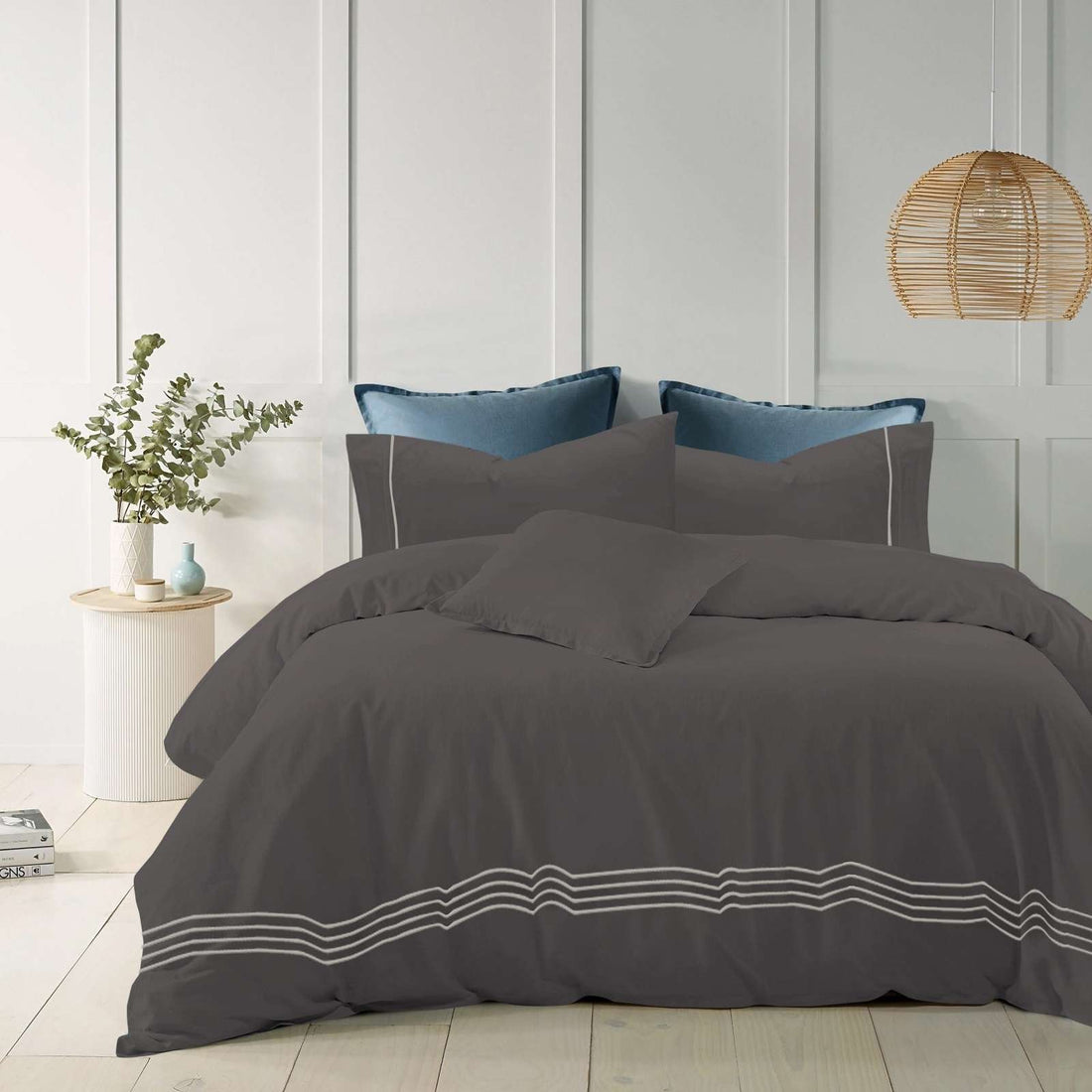 1200TC Pure Cotton 3pcs Embroidery Quilt Cover – Charcoal